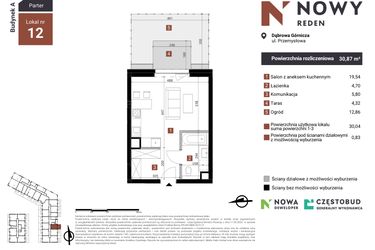 Rzut - Mieszkanie na sprzedaż 1 pokój o powierzchni 30,87 m² - numer A12 w Nowy Reden