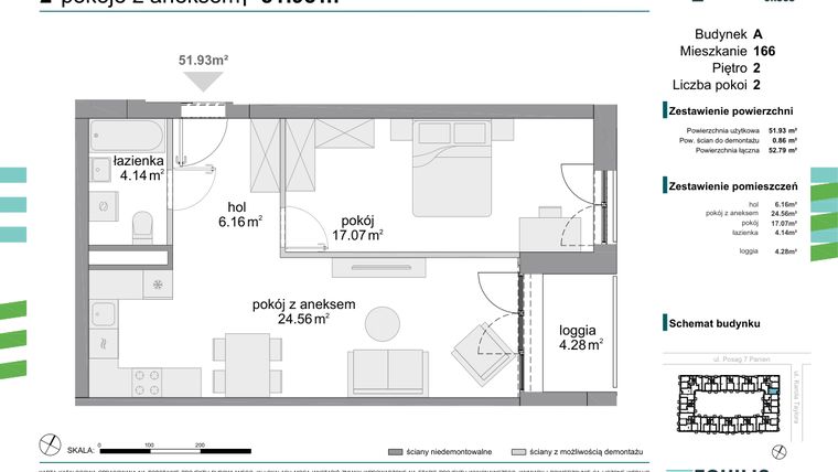 Rzut - Mieszkanie na sprzedaż 2 pokoje o powierzchni 51,93 m² - numer 166 w Osiedle Fokus Ursus