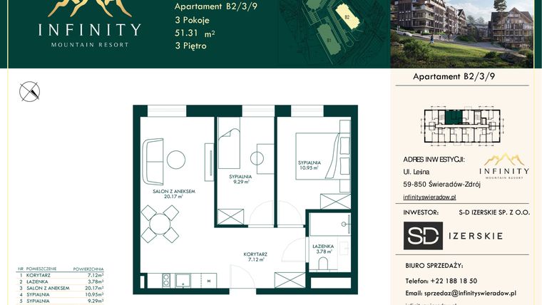 Rzut - Mieszkanie na sprzedaż 3 pokoje o powierzchni 51,31 m² - numer B2.3.9 w Infinity Mountain Resort