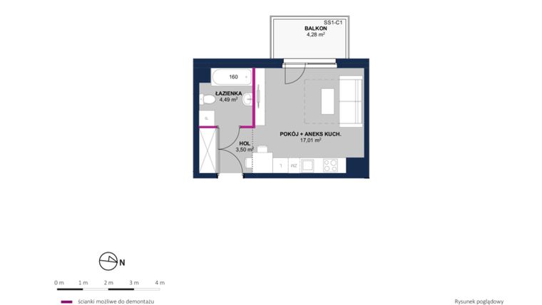 Rzut - Mieszkanie na sprzedaż 1 pokój o powierzchni 25,04 m² - numer 121 w Moja Północna Etap III