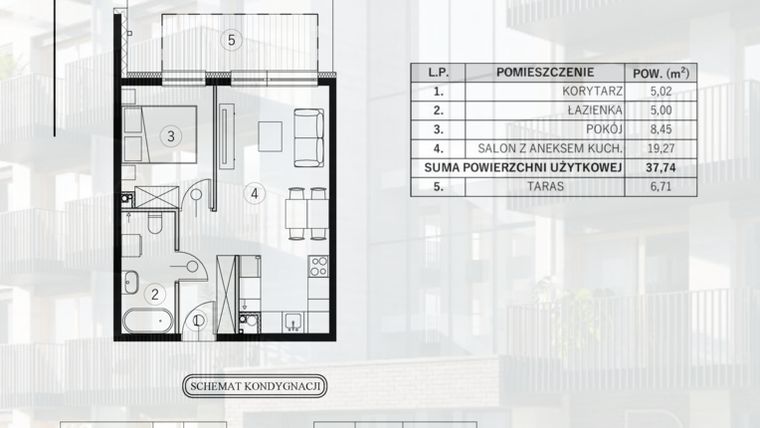 Rzut - Mieszkanie na sprzedaż 2 pokoje o powierzchni 37,74 m² - numer 1 w Młody Straszyn Park VI - bud. B