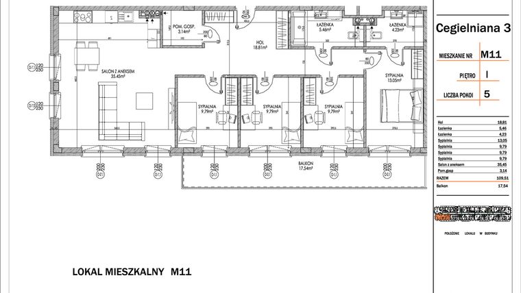 Rzut - Mieszkanie na sprzedaż 5 pokoi o powierzchni 109,51 m² - numer 11 w Osiedle StaLove etap I