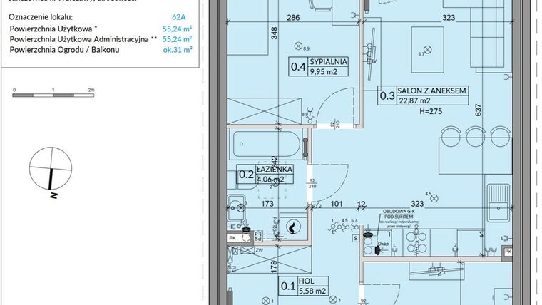 Rzut - Mieszkanie na sprzedaż 3 pokoje o powierzchni 55,24 m² - numer 62A w Osiedle Młodych etap X