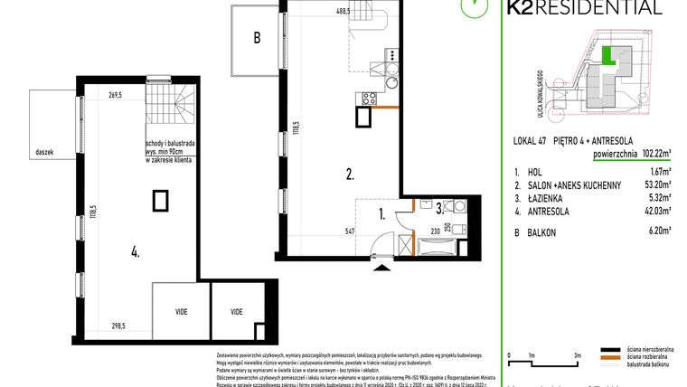 Rzut - Mieszkanie na sprzedaż 1 pokój o powierzchni 102,22 m² - numer 47 w Kowalskiego 37