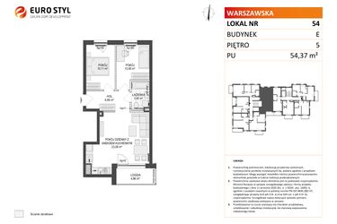 Rzut - Mieszkanie na sprzedaż 3 pokoje o powierzchni 54,37 m² - numer E.54 w Osiedle Warszawska