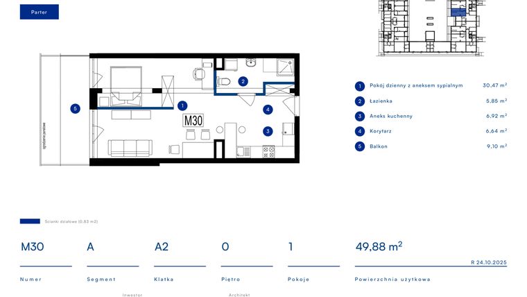 Rzut - Mieszkanie na sprzedaż 1 pokój o powierzchni 49,88 m² - numer 30A w Przy Bursztynowej