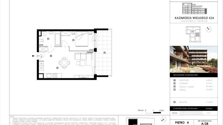 Rzut - Mieszkanie na sprzedaż 2 pokoje o powierzchni 43,88 m² - numer A/28 w Kazimierza Wielkiego 42A