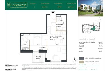 Rzut - Mieszkanie na sprzedaż 2 pokoje o powierzchni 40,6 m² - numer 2.M14 w Sosnovia