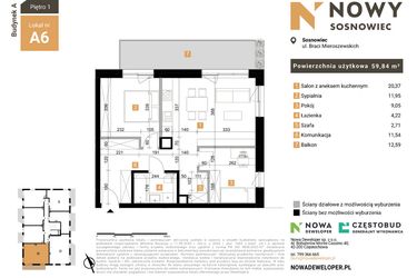 Rzut - Mieszkanie na sprzedaż 3 pokoje o powierzchni 59,84 m² - numer 6 w Nowy Sosnowiec