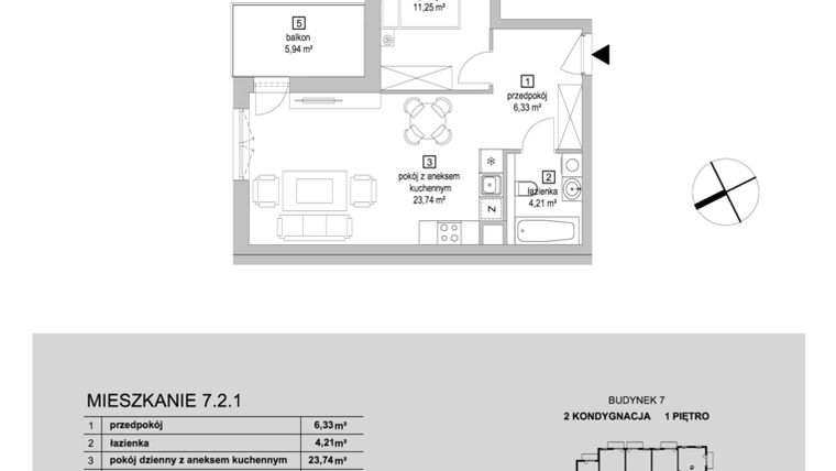 Rzut - Mieszkanie na sprzedaż 2 pokoje o powierzchni 45,53 m² - numer 7.2.1 w Osiedle Przyjemne IV