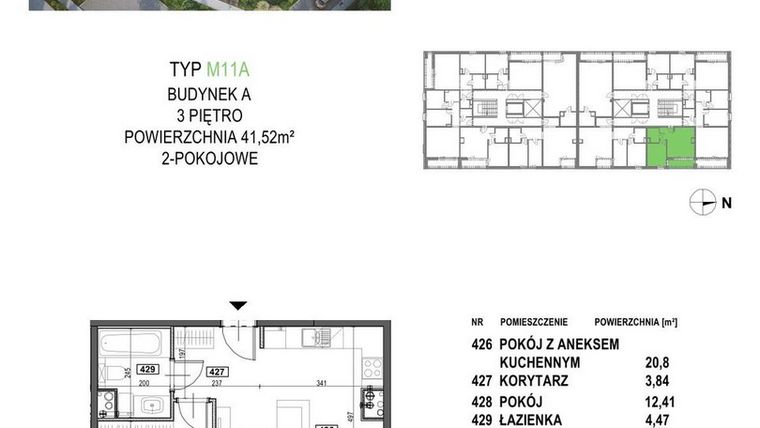Rzut - Mieszkanie na sprzedaż 2 pokoje o powierzchni 41,52 m² - numer M11A.P4 w Apartamenty Żorska