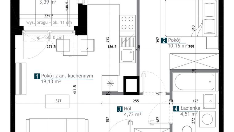 Rzut - Mieszkanie na sprzedaż 2 pokoje o powierzchni 38,53 m² - numer AA0105 w M Bemowo 3