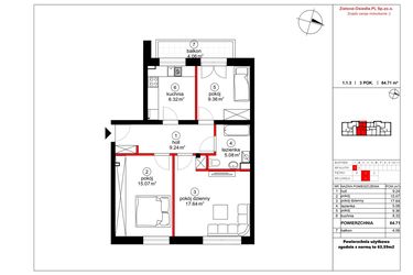 Rzut - Mieszkanie na sprzedaż 3 pokoje o powierzchni 63,59 m² - numer 3 w Czynu Społecznego 65F