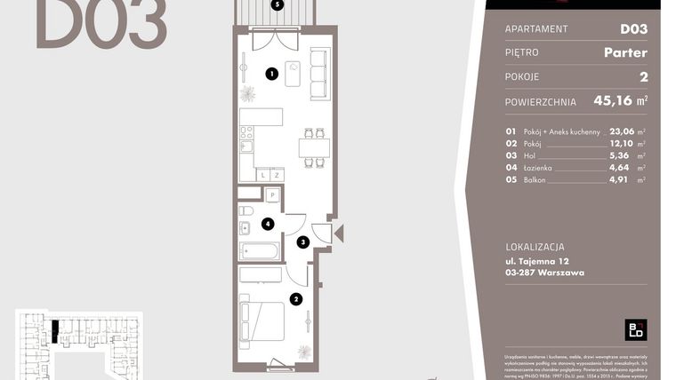 Rzut - Mieszkanie na sprzedaż 2 pokoje o powierzchni 45,16 m² - numer D03 w Livo