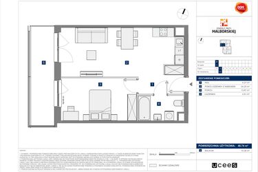 Rzut - Mieszkanie na sprzedaż 2 pokoje o powierzchni 46,74 m² - numer B.9 w Osiedle przy Malborskiej II