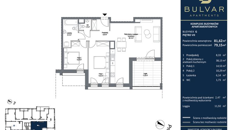 Rzut - Mieszkanie na sprzedaż 3 pokoje o powierzchni 81,79 m² - numer G.8.64 w Bulvar Apartments - etap I
