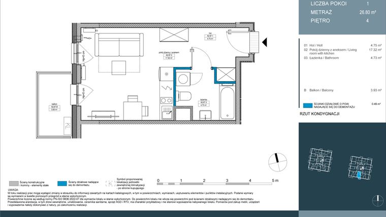 Rzut - Mieszkanie na sprzedaż 1 pokój o powierzchni 26,8 m² - numer 87 w Nordic Górka Narodowa