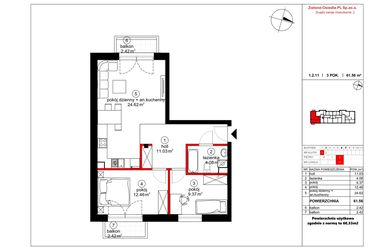 Rzut - Mieszkanie na sprzedaż 3 pokoje o powierzchni 60,53 m² - numer 11 w Czynu Społecznego 65F