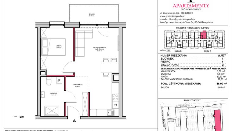 Rzut - Mieszkanie na sprzedaż 2 pokoje o powierzchni 46 m² - numer A.37 w Apartamenty Grójeckie Ogrody