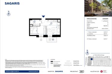 Rzut - Mieszkanie na sprzedaż 1 pokój o powierzchni 30,82 m² - numer AA0204 w Niedziałkowskiego Park