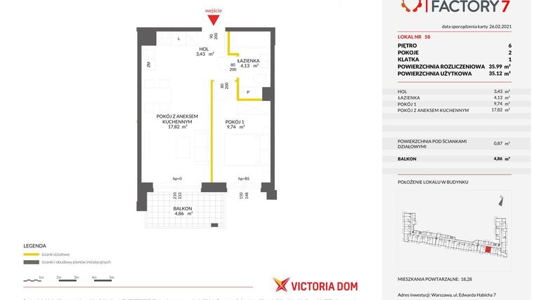 Rzut - Mieszkanie na sprzedaż 2 pokoje o powierzchni 35,99 m² - numer 7.58 w Ursus Factory