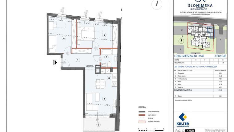 Rzut - Mieszkanie na sprzedaż 3 pokoje o powierzchni 61,05 m² - numer M36 w Słonimska Residence II