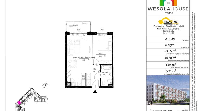 Rzut - Mieszkanie na sprzedaż 2 pokoje o powierzchni 49,54 m² - numer A.3.39 w Wesoła House Etap II