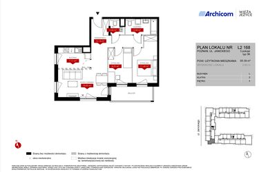 Rzut - Mieszkanie na sprzedaż 3 pokoje o powierzchni 65,39 m² - numer L2.168 w Wieża Jeżyce etap VI