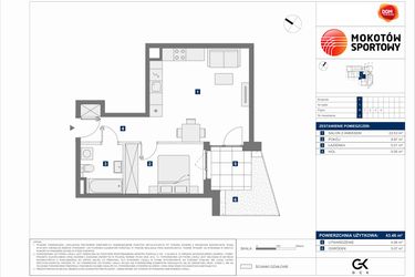 Rzut - Mieszkanie na sprzedaż 2 pokoje o powierzchni 43,46 m² - numer F.3 w Mokotów Sportowy