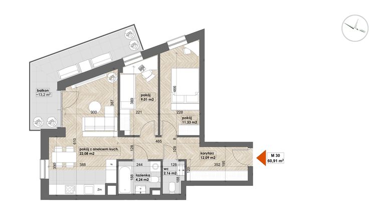 Rzut - Mieszkanie na sprzedaż 3 pokoje o powierzchni 60,91 m² - numer 30 w Apartamenty Śródmieście