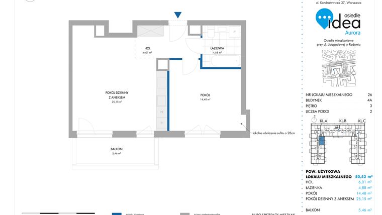 Rzut - Mieszkanie na sprzedaż 2 pokoje o powierzchni 50,52 m² - numer 26.4A w Osiedle Idea Aurora