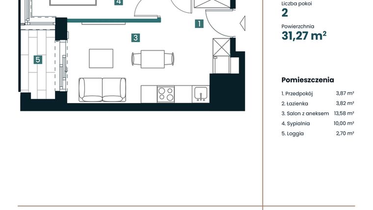 Rzut - Mieszkanie na sprzedaż 1 pokój o powierzchni 31,27 m² - numer M505 w Sea Breeze