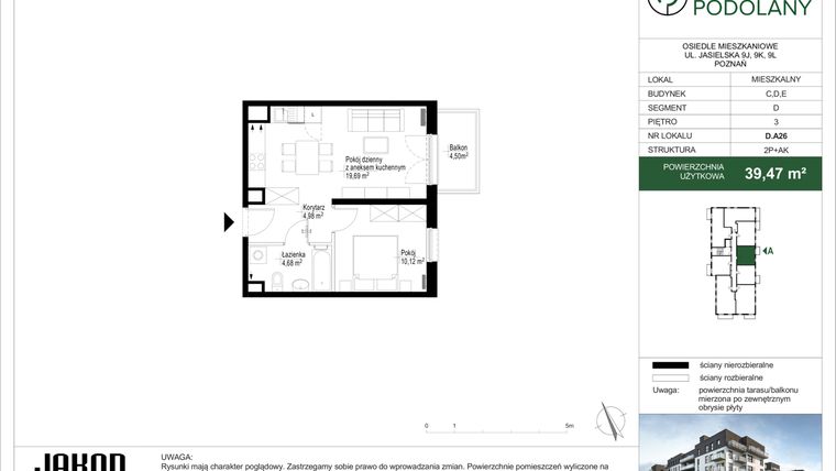 Rzut - Mieszkanie na sprzedaż 2 pokoje o powierzchni 39,36 m² - numer D.A26 w Sielskie Podolany II