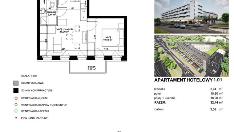 Rzut - Mieszkanie na sprzedaż 2 pokoje o powierzchni 32,17 m² - numer 1.01 w Apartamentowiec Zwycięska 3 - inwestycyjne