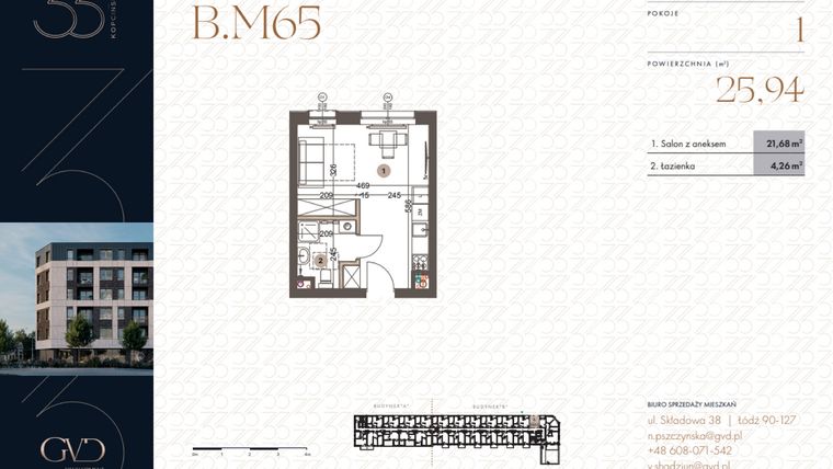 Rzut - Mieszkanie na sprzedaż 1 pokój o powierzchni 25,94 m² - numer B.M65 w Kopcińskiego 33