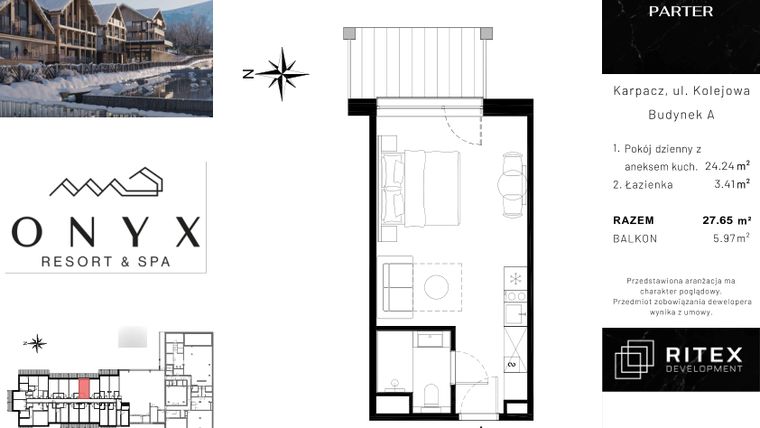 Rzut - Mieszkanie na sprzedaż 1 pokój o powierzchni 27,78 m² - numer NR 0.A15 w Onyx Resort & Spa