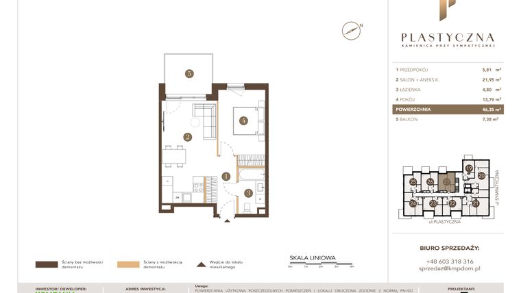 Rzut - Mieszkanie na sprzedaż 2 pokoje o powierzchni 46,35 m² - numer PK-LM-27 w Plastyczna Kamienica przy Sympatycznej