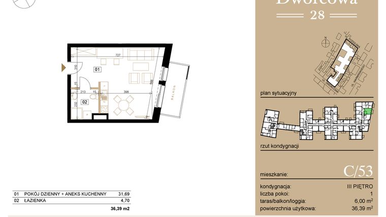 Rzut - Mieszkanie na sprzedaż 1 pokój o powierzchni 36,62 m² - numer C53 w Dworcowa 28