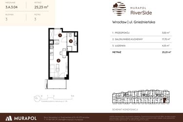 Rzut - Mieszkanie na sprzedaż 1 pokój o powierzchni 25,19 m² - numer 3.A.3.04 w Murapol RiverSide