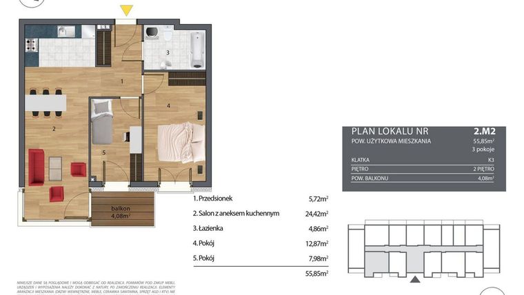 Rzut - Mieszkanie na sprzedaż 3 pokoje o powierzchni 56,02 m² - numer K3.2.M2 w Nyska Residence