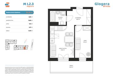 Rzut - Mieszkanie na sprzedaż 2 pokoje o powierzchni 33,34 m² - numer M I.2.3 w Glogera Bricks