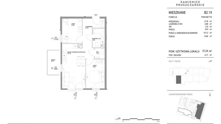 Rzut - Mieszkanie na sprzedaż 3 pokoje o powierzchni 51,24 m² - numer B2.19 w Kamienice Pruszczańskie