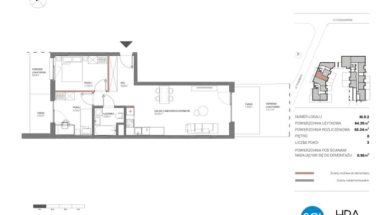 Rzut - Mieszkanie na sprzedaż 3 pokoje o powierzchni 65,09 m² - numer M.0.2 w Łopuszańska 47 - etap 4