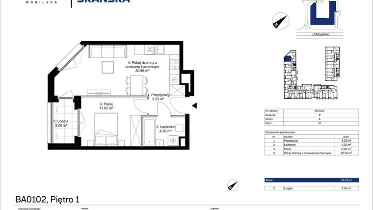 Rzut - Mieszkanie na sprzedaż 2 pokoje o powierzchni 39,03 m² - numer 1BA0102 w Awangarda Mogilska