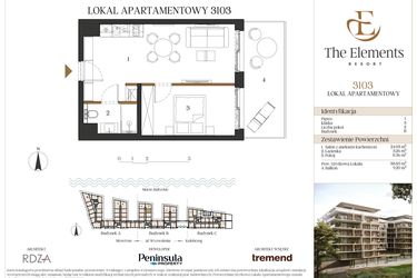 Rzut - Mieszkanie na sprzedaż 2 pokoje o powierzchni 38,85 m² - numer B3103 w The Elements Resort