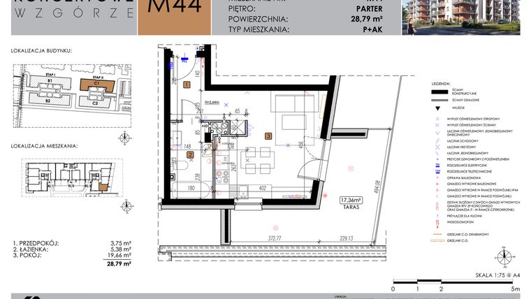 Rzut - Mieszkanie na sprzedaż 1 pokój o powierzchni 28,79 m² - numer C1_M44/P w Koncertowe Wzgórze etap II