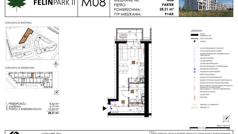 Rzut - Mieszkanie na sprzedaż 1 pokój o powierzchni 28,32 m² - numer M08 w Felin Park II etap 2