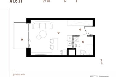 Rzut - Mieszkanie na sprzedaż 1 pokój o powierzchni 27,48 m² - numer A1.6.11 w Belg Apartamenty etap II