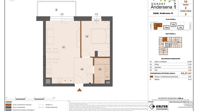 Rzut - Mieszkanie na sprzedaż 2 pokoje o powierzchni 44,21 m² - numer 14A w Ogrody Andersena