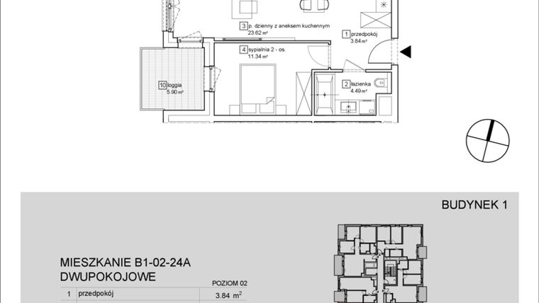 Rzut - Mieszkanie na sprzedaż 2 pokoje o powierzchni 43,29 m² - numer B1-02-24A w Francuska Park IX
